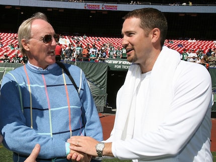 Offensive Coordinator Brian Schottenheimer of the New York Jets meets with his father,...