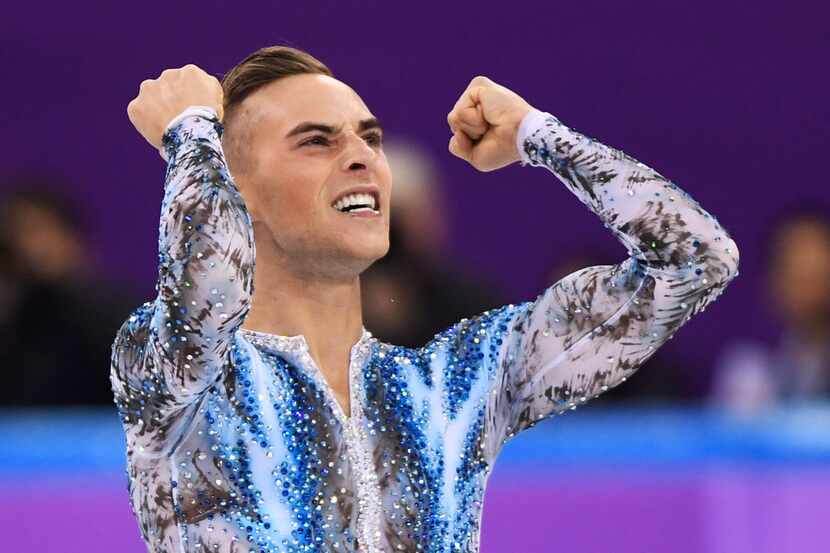 Adam Rippon of the United States reacts after his performance in the men's single skating...