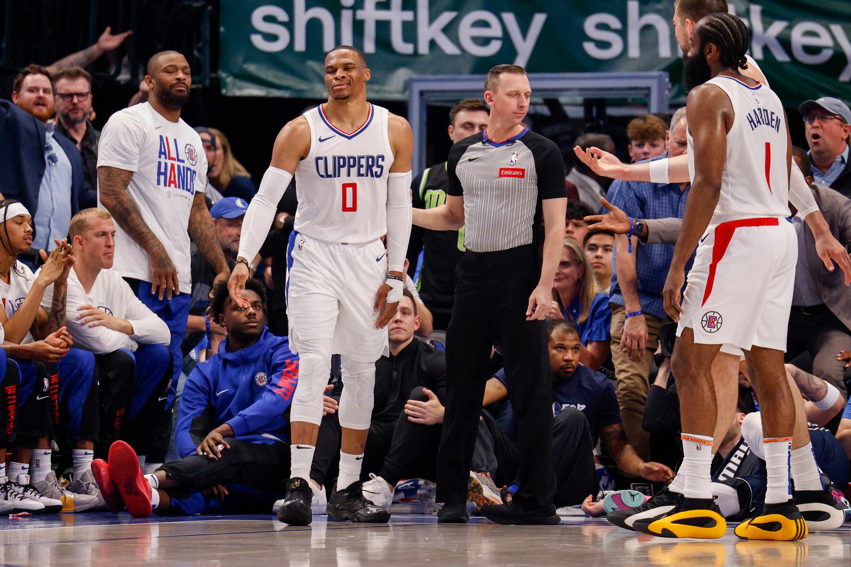 LA Clippers guard Russell Westbrook (0) reacts after being called for a foul on Dallas...