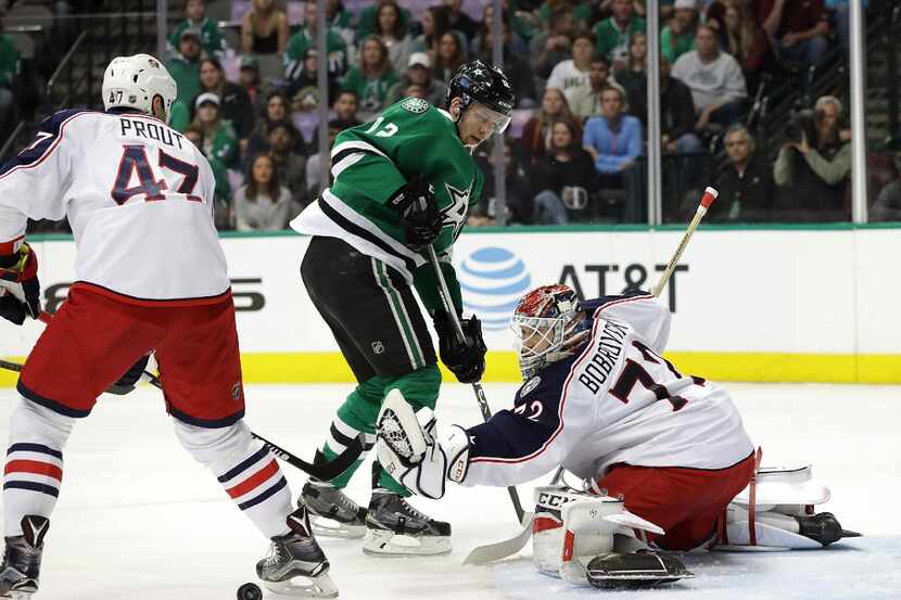 DALLAS, TX - OCTOBER 22:  Sergei Bobrovsky #72 of the Columbus Blue Jackets makes a save in...