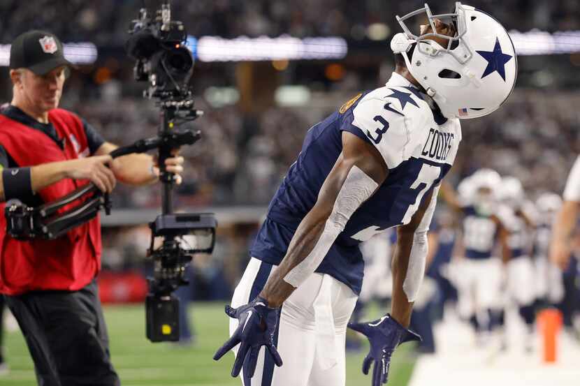 Dallas Cowboys wide receiver Brandin Cooks (3) celebrates his second-quarter touchdown...