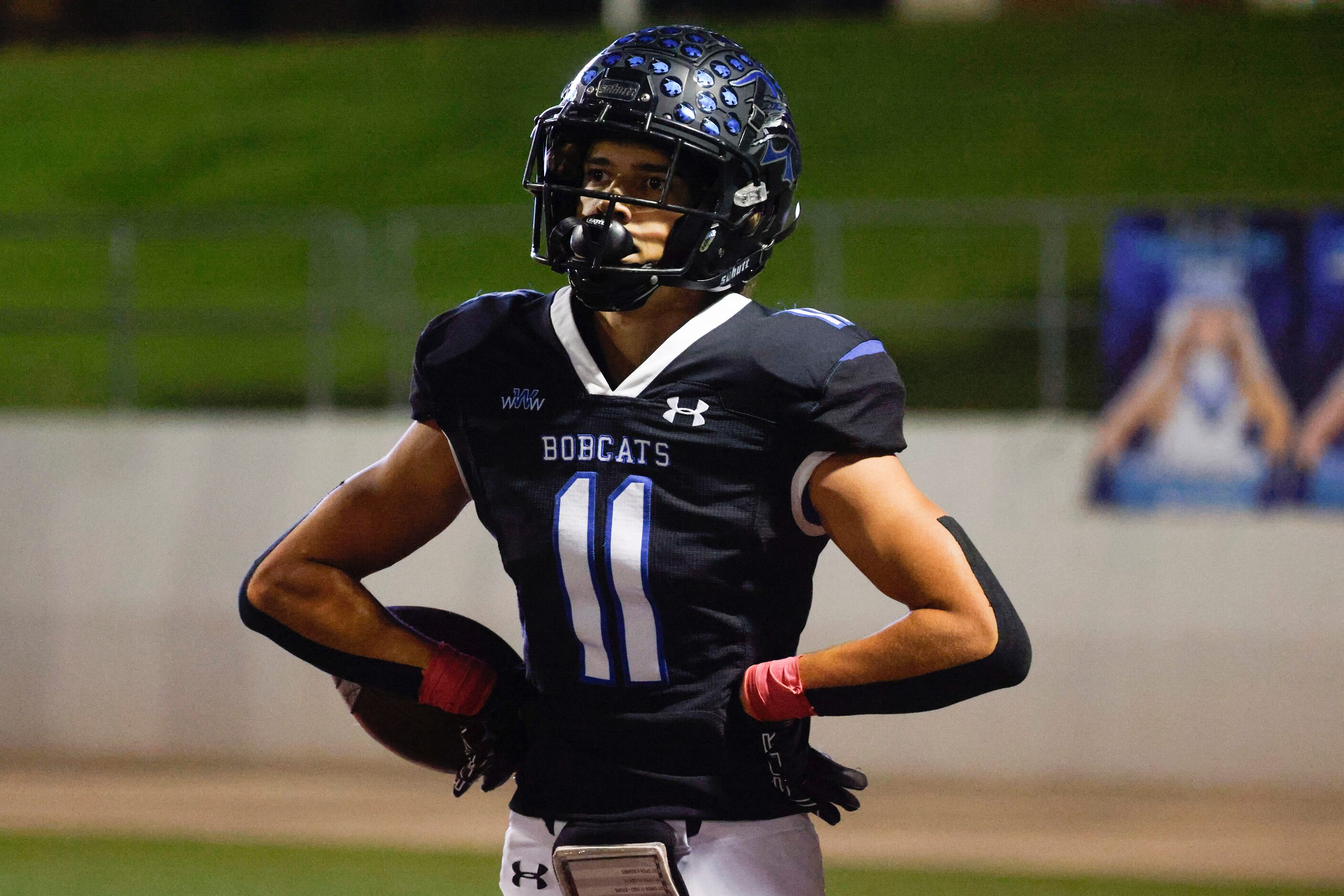 Byron Nelson high’s Leo Almanza celebrates after a touchdown against Keller high school...