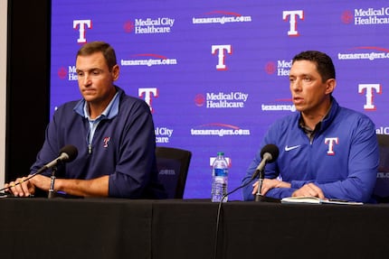 Texas Rangers general manager Chris Young (left) and former Rangers President of Baseball...