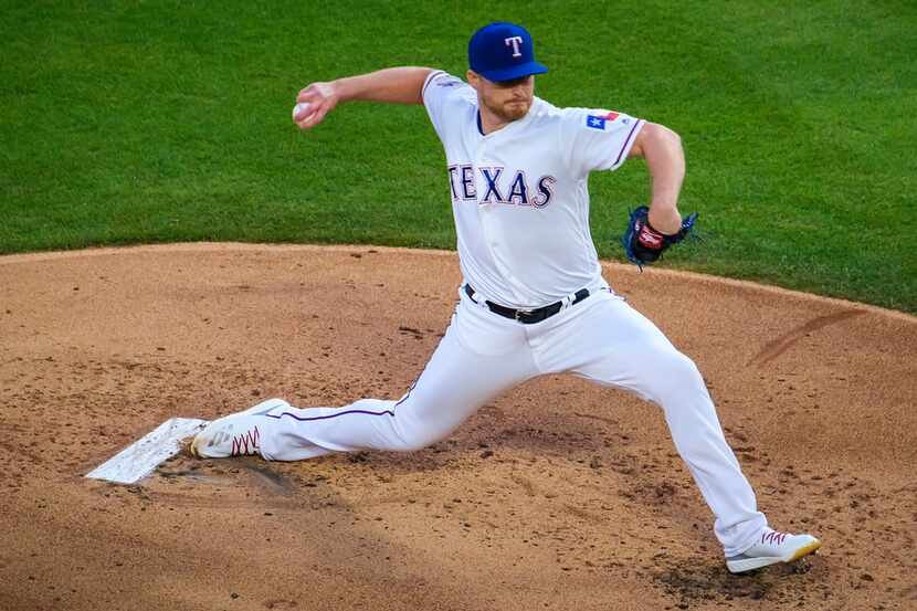 Texas Rangers pitcher Shelby Miller throws during the second inning against the Houston...