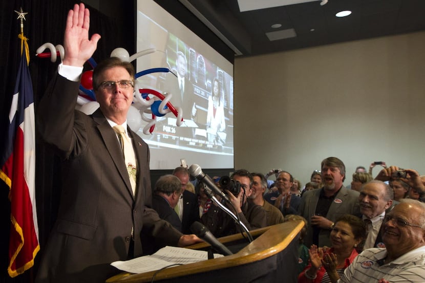 File - In this May 27, 2014 file photo, Republican Dan Patrick speaks at his campaign watch...