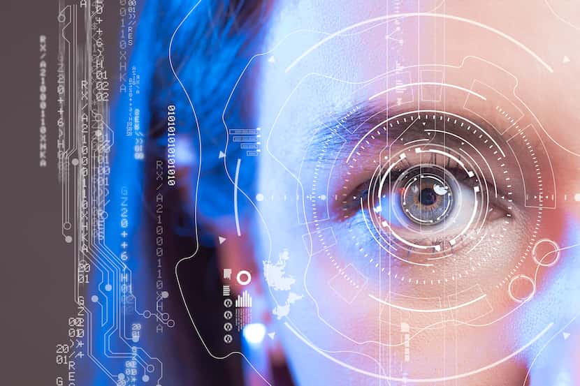 Young woman's eye and high-tech concept, augmented reality display, Iris verification,...