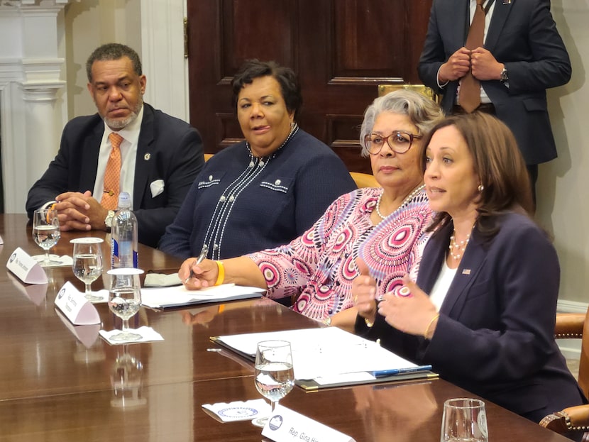 Vice President Kamala Harris meets with Texas state lawmakers at the White House on June 16,...