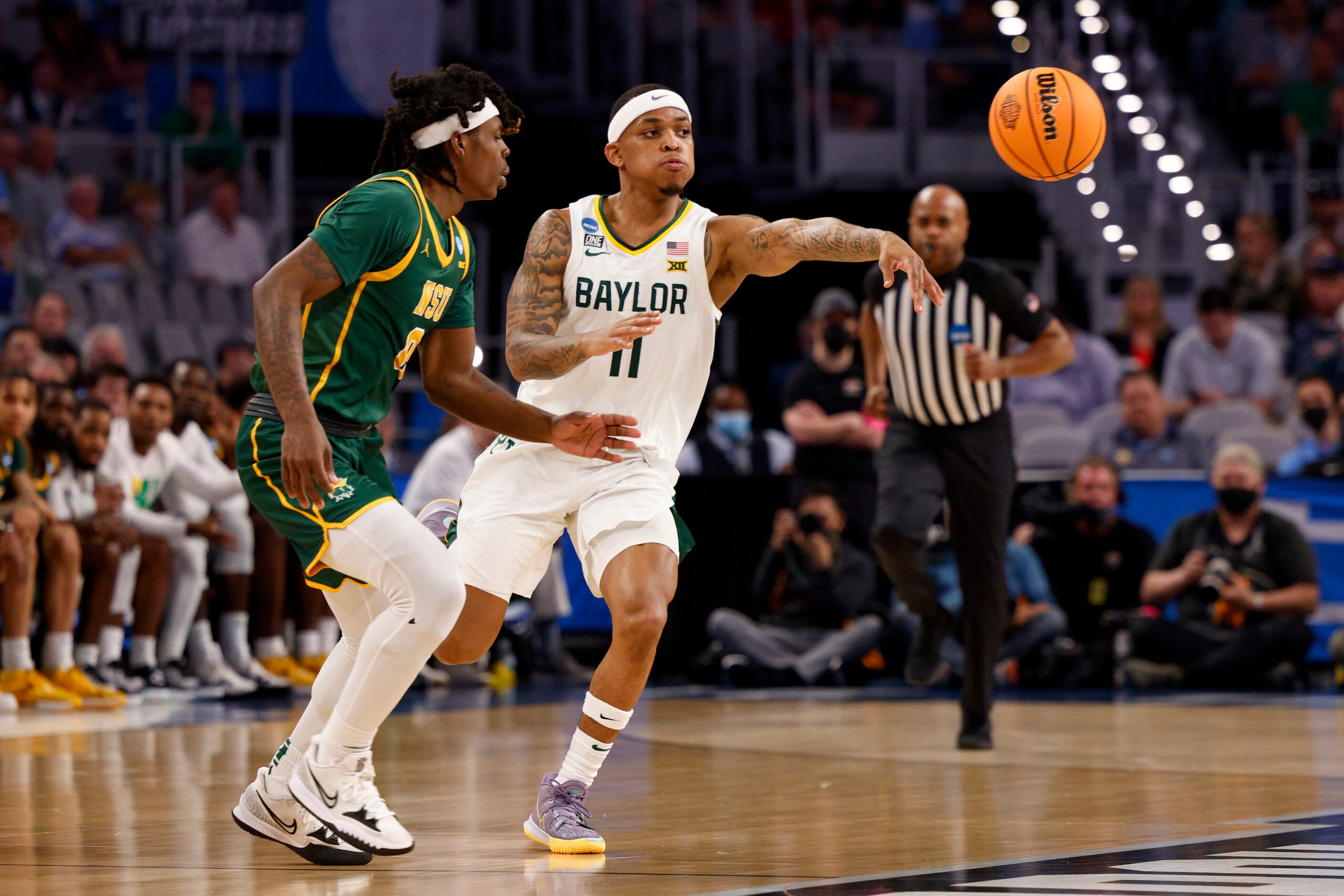 Norfolk State Spartans guard Christian Ings (0) defends against Baylor Bears guard James...