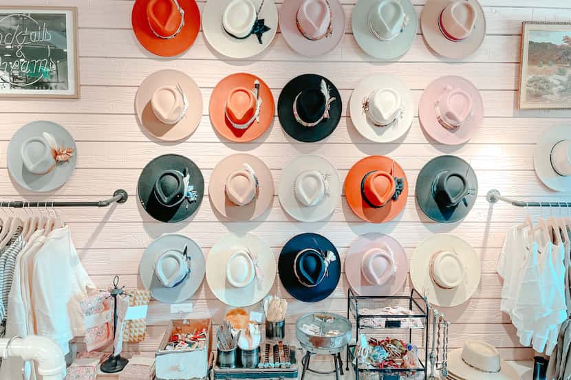 A wall of hats at the hotel boutique called Wide Brim inside the Hotel Drover on Mule Alley...