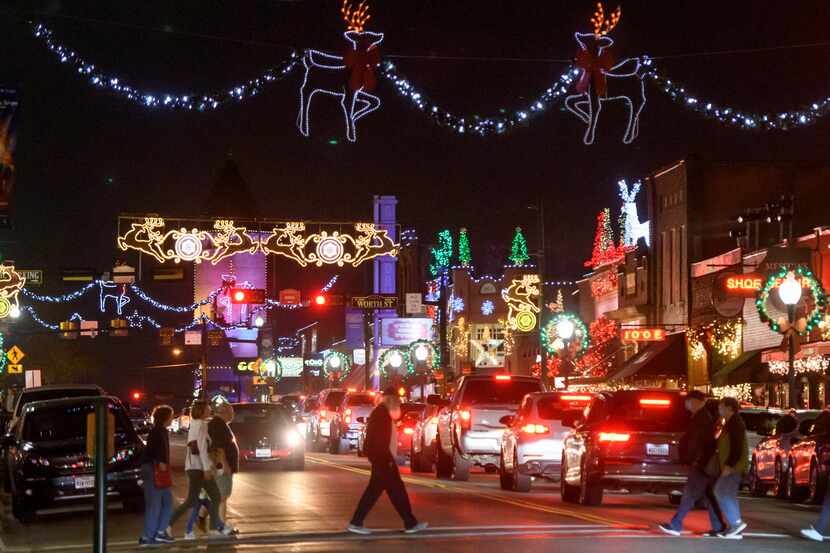 Grapevine Christmas lights line Main Street in the city's downtown historic district.