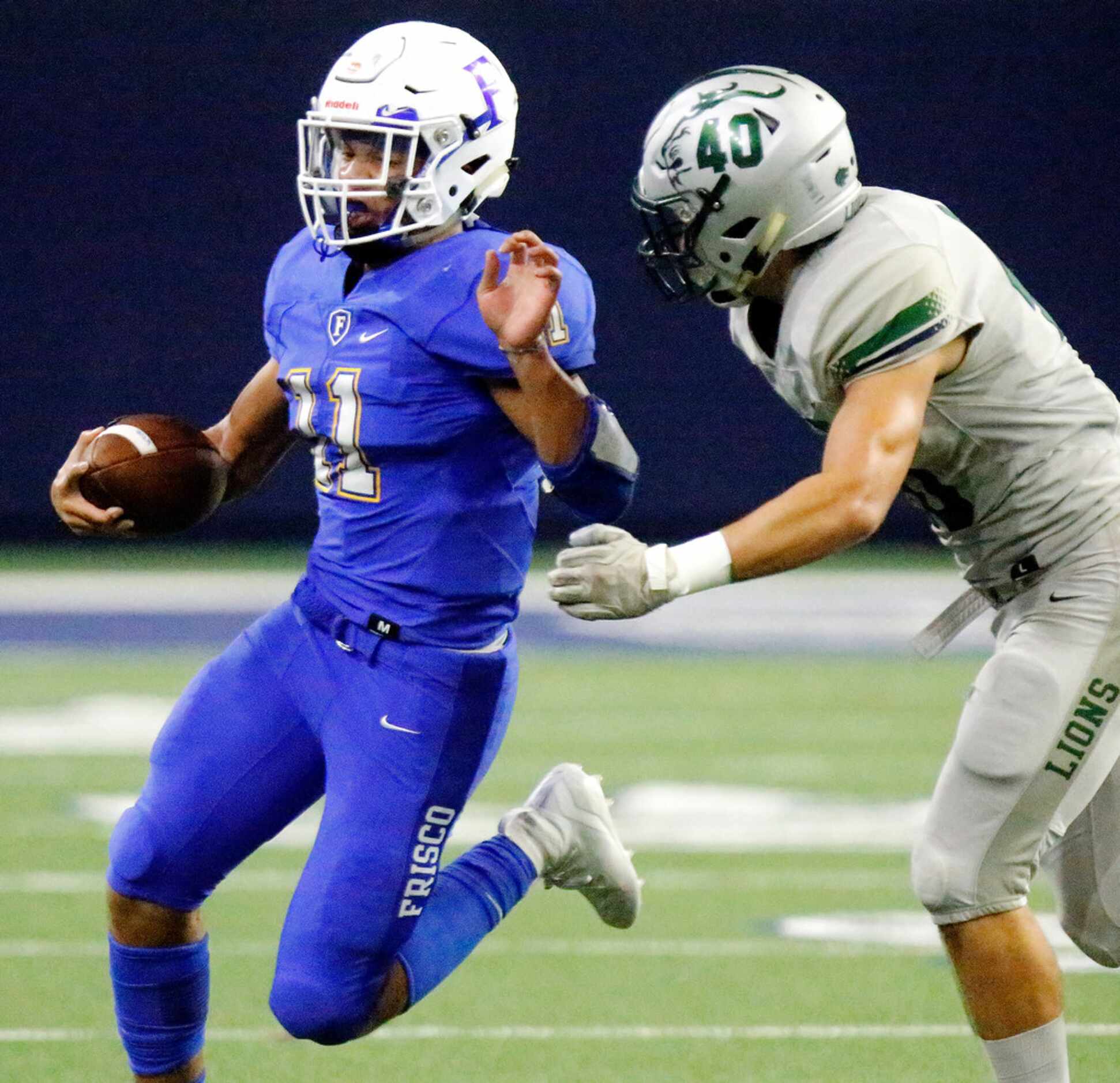 Frisco High School running back Donta Reece (11) is run out of bounds by Reedy High School...