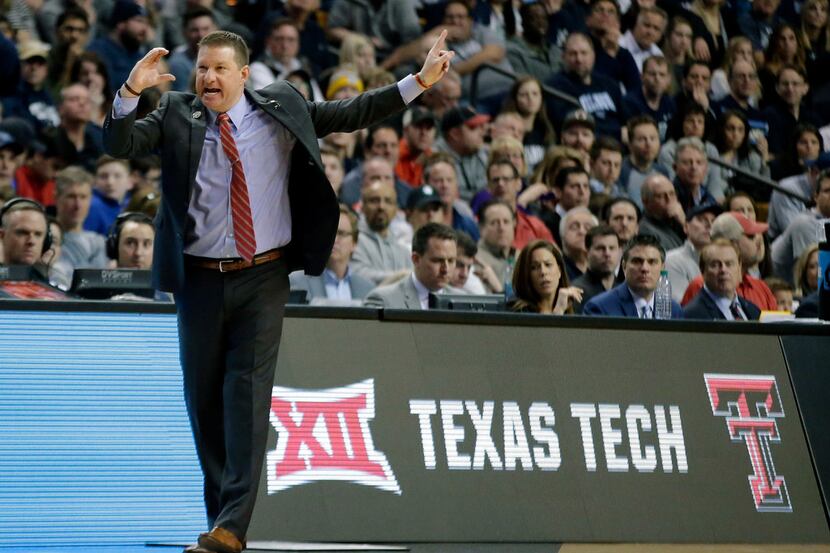 Texas Tech head coach Chris Beard gestures from the sideline during the first half of an...