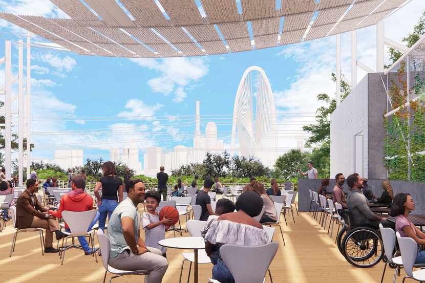 One part of the planned Trinity River park shows a view from the canopied roof deck of the...