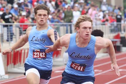 Argyle Liberty Christian's 4x100 relay team take part in the 5A boys race during TAPPS state...