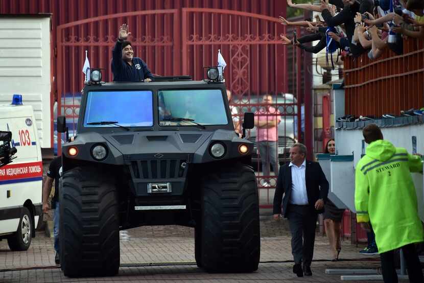 Football star Diego Maradona arrives at the stadium in Brest on July 16, 2018. 
The...