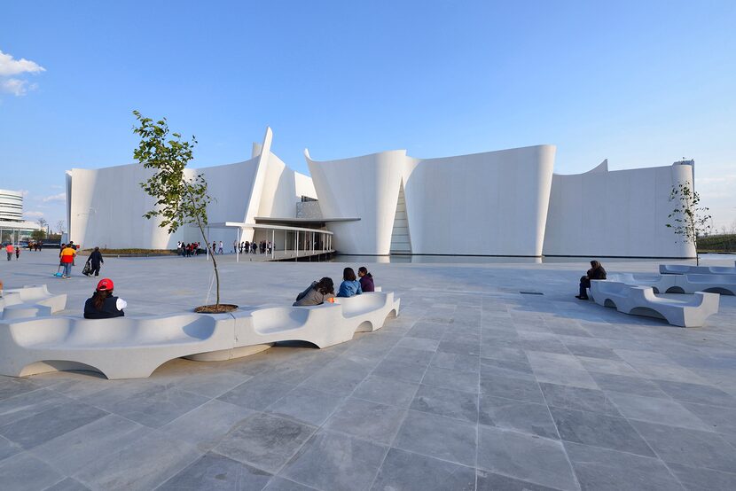 Main facade of Toyo Ito's Museum of the International Baroque, in Puebla, Mexico. 