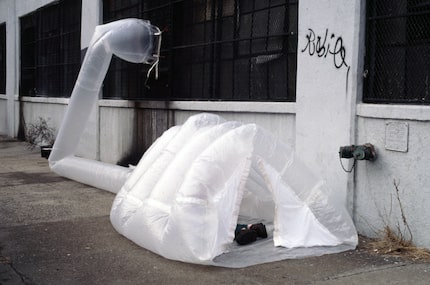 Michael Rakowitz's “paraSITE” homeless shelters were inspired by Bedouin tents in Jordan....