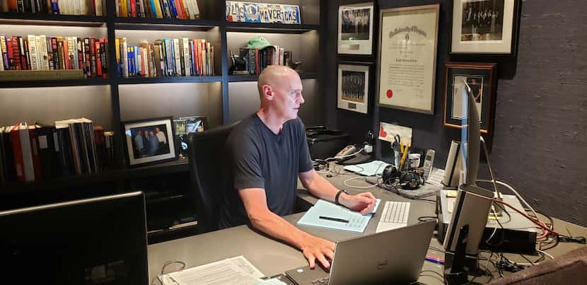 Rick Carlisle on a recent Zoom call in his home office with Mark Cuban, Donnie Nelson,...