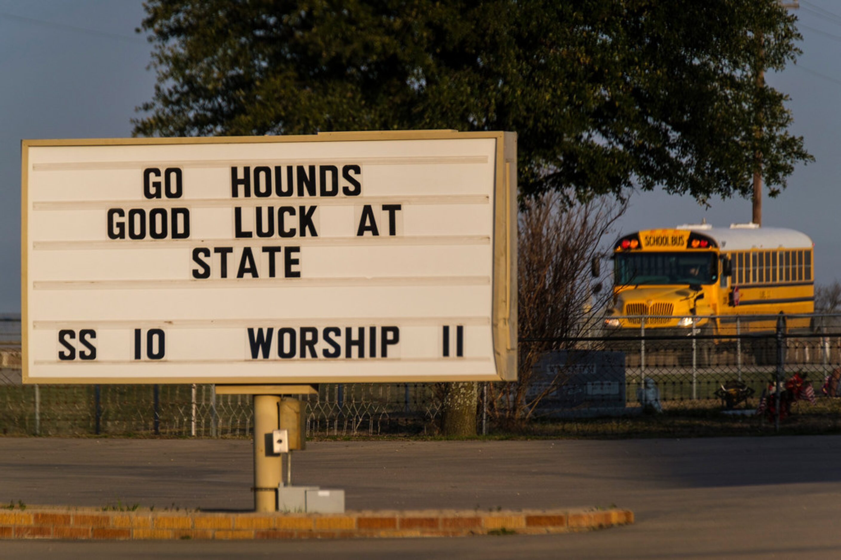 A sign at the First Baptist Church-Slidell wishes luck to the Slidell basketball team's...