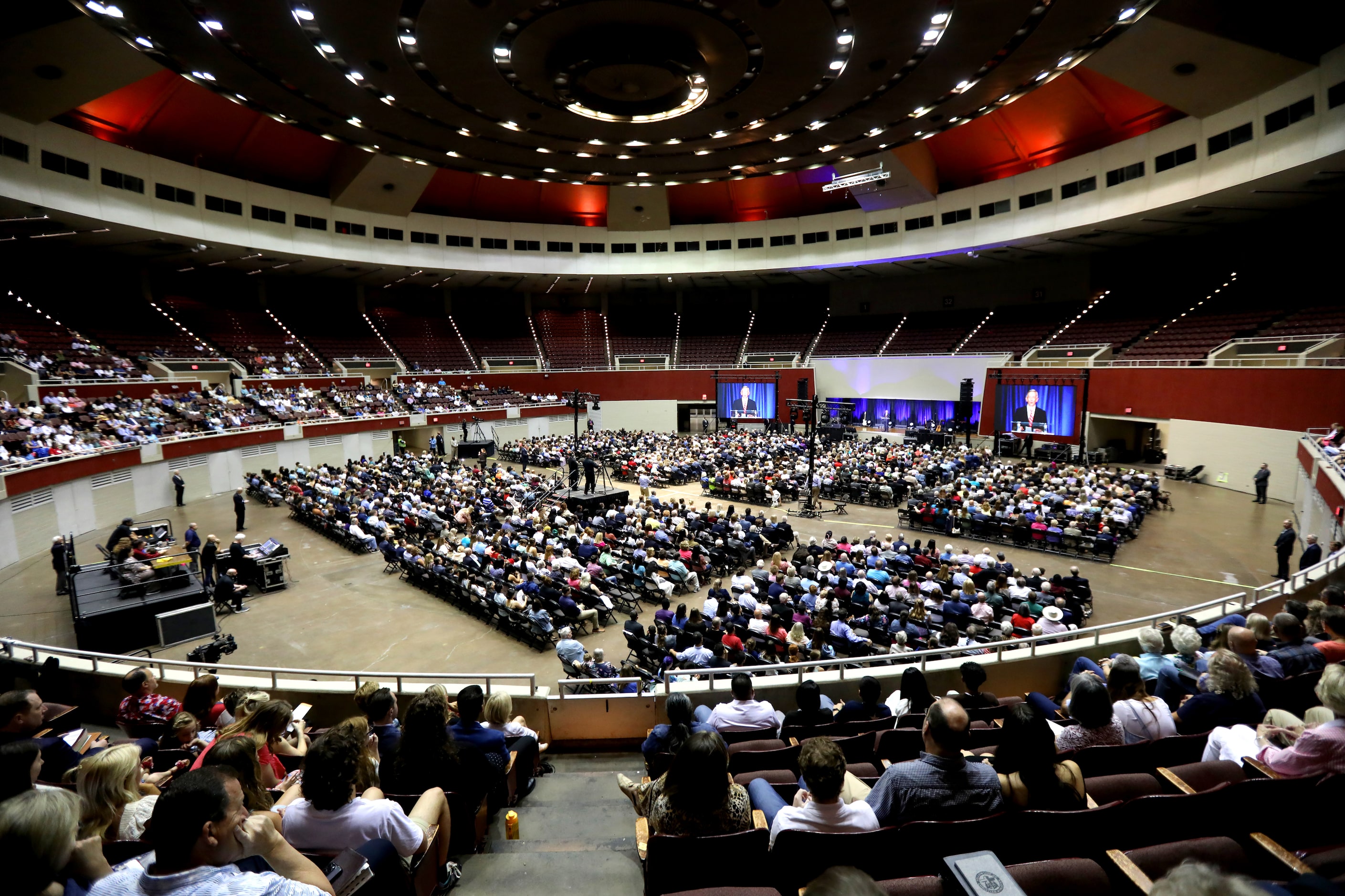 First Baptist Church members participate in Sunday service held at the Dallas Convention...