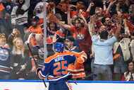 Edmonton Oilers' Darnell Nurse (25) celebrates a goal against the Florida Panthers during...