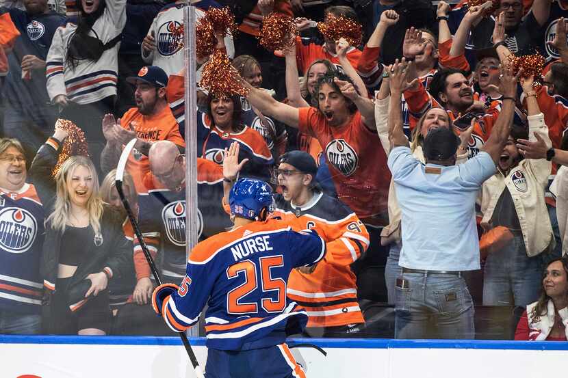 Edmonton Oilers' Darnell Nurse (25) celebrates a goal against the Florida Panthers during...