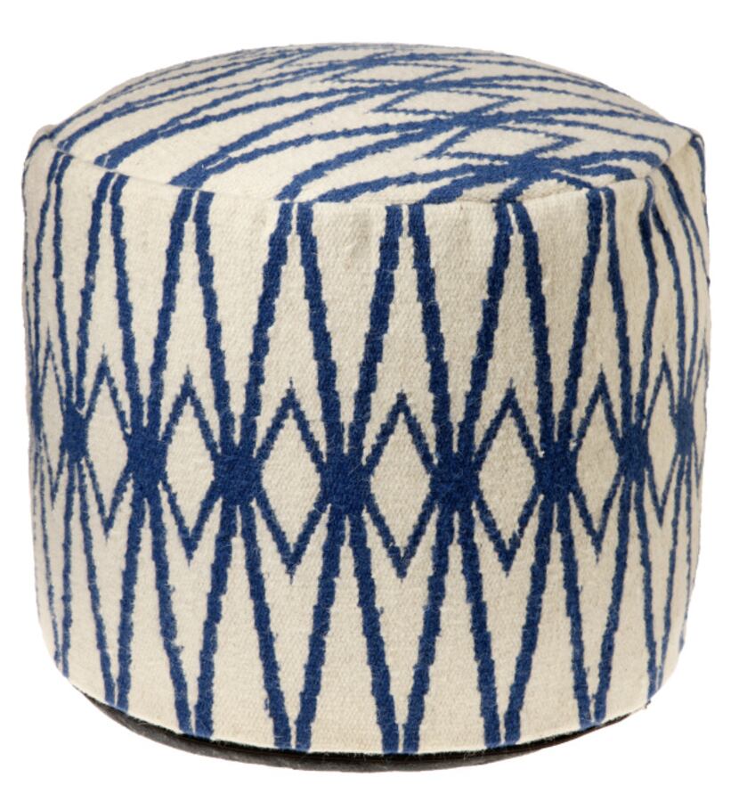 GO BOLD: The deep-blue Diamond pouf, 22 inches in diameter, is crafted with a tough woven...