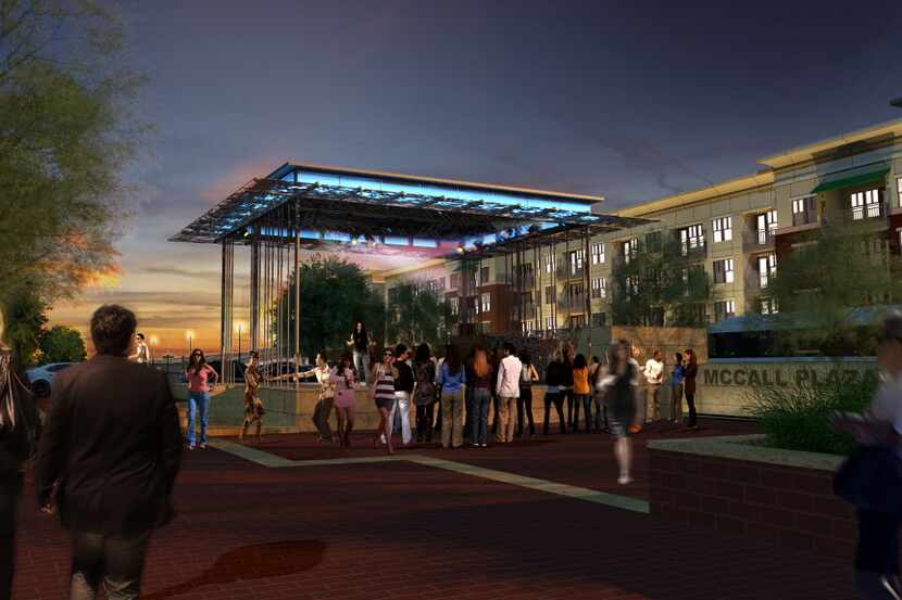  McCall Plaza, in an artist's rendering, includes a nearly 800-square-foot covered stage....