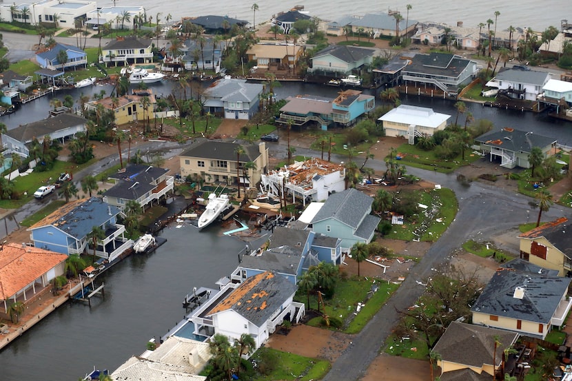 This aerial photo shows a view of damage in the wake of Hurricane Harvey, Monday, Aug. 28,...