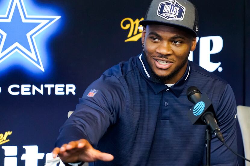 Dallas Cowboys first-round draft pick Micah Parsons answers a question during a press...