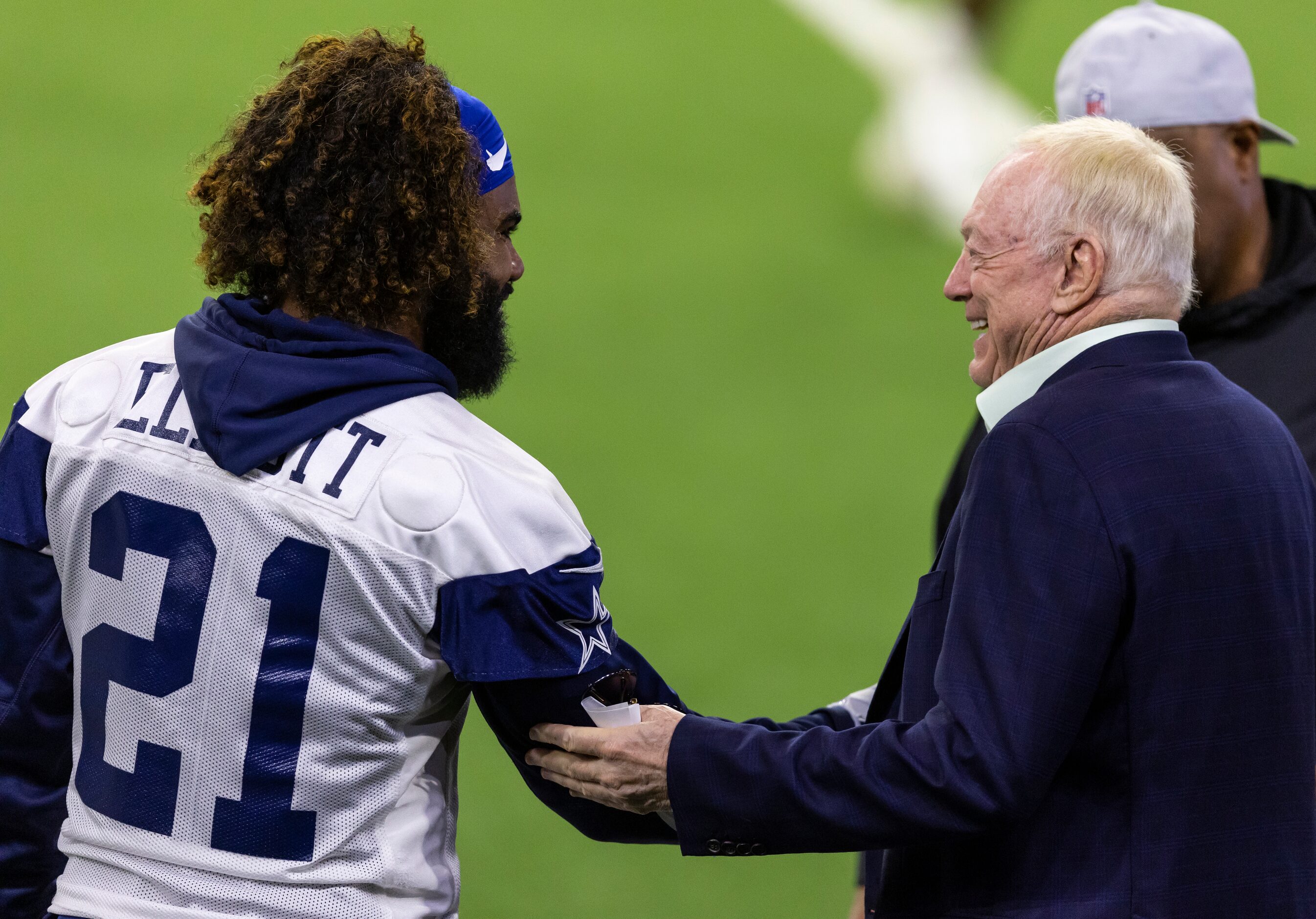 Dallas Cowboys running back Ezekiel Elliott, left, and Dallas Cowboys owner Jerry Jones...