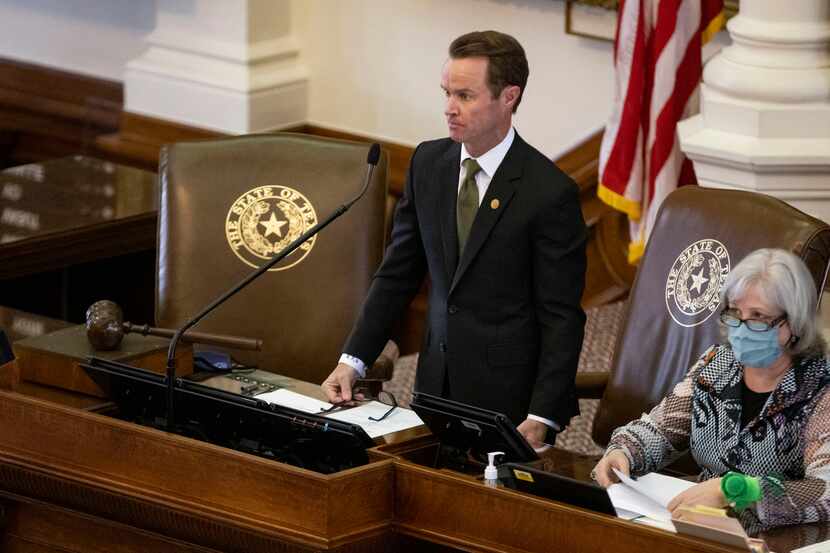 House Speaker Dade Phelan stands at the dais in the House chamber of the Texas Capitol in...