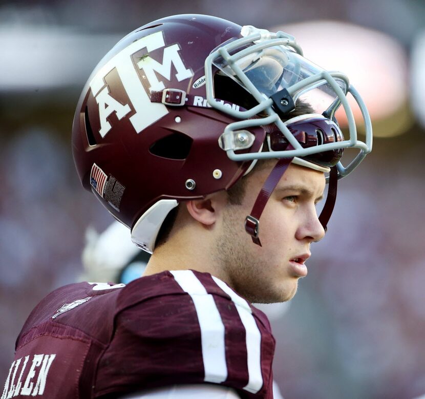 Texas A&M Aggies quarterback Kyle Allen (10) along the sideline in the fourth quarter during...