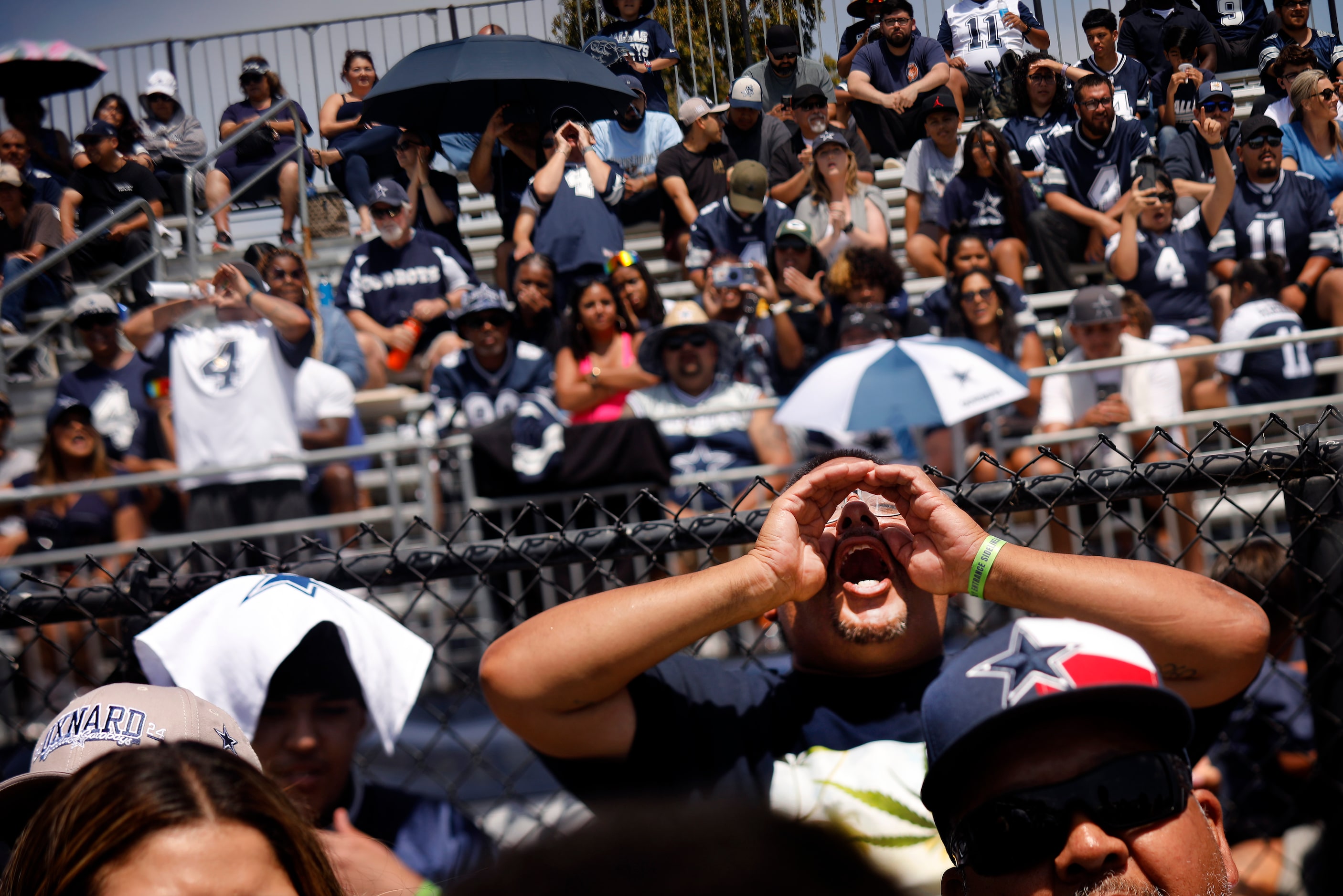 Dallas Cowboys fans lead a chant of ‘Dallas!, Cowboys!’ during a training camp practice in...