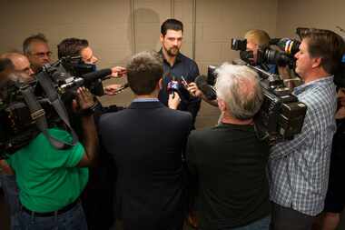 Player Jamie Benn is interviewed after Ken Hitchcock was introduced as the Dallas Stars new...