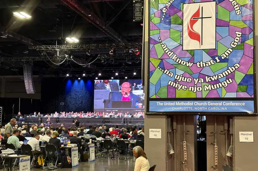 Michigan Bishop David Bard presides at a session of the General Conference of the United...