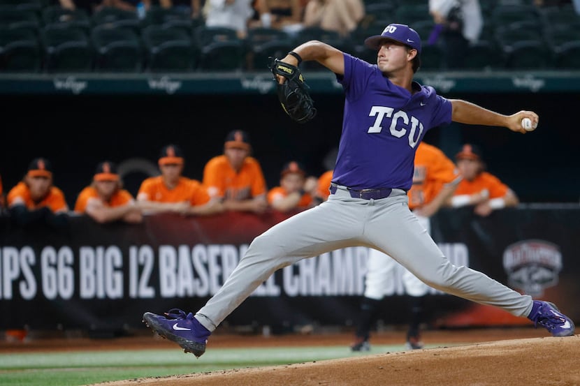 TCU pitcher Chase Hoover throws during the first inning of Big 12 baseball championship game...