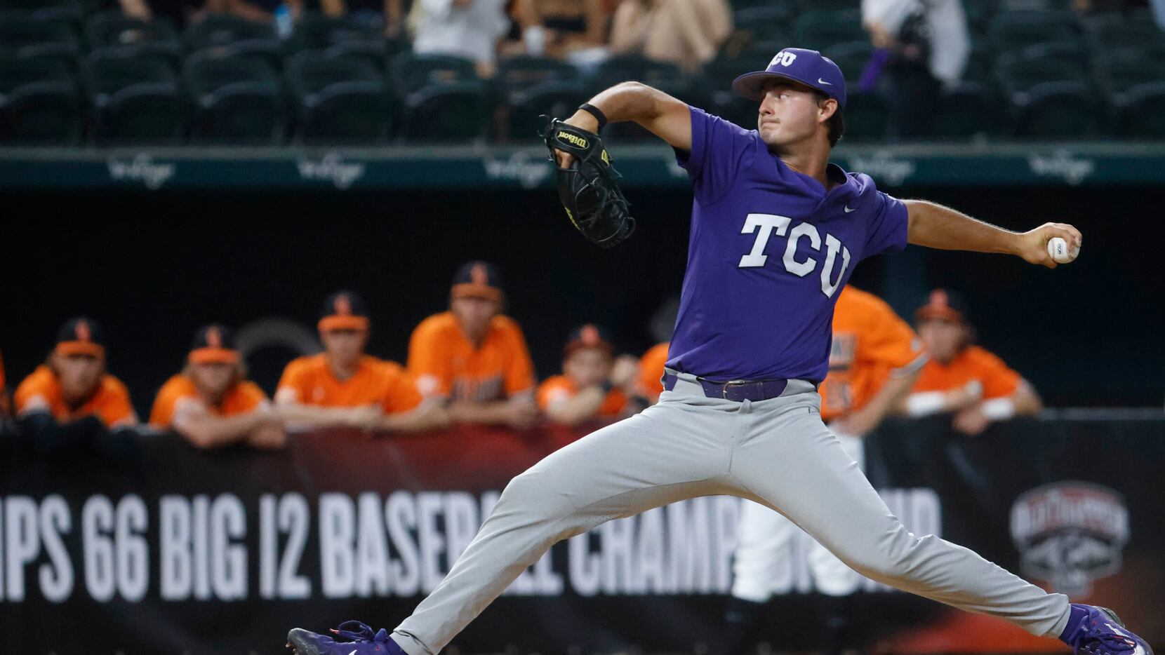 TCU pitcher Chase Hoover throws during the first inning of Big 12 baseball championship game...