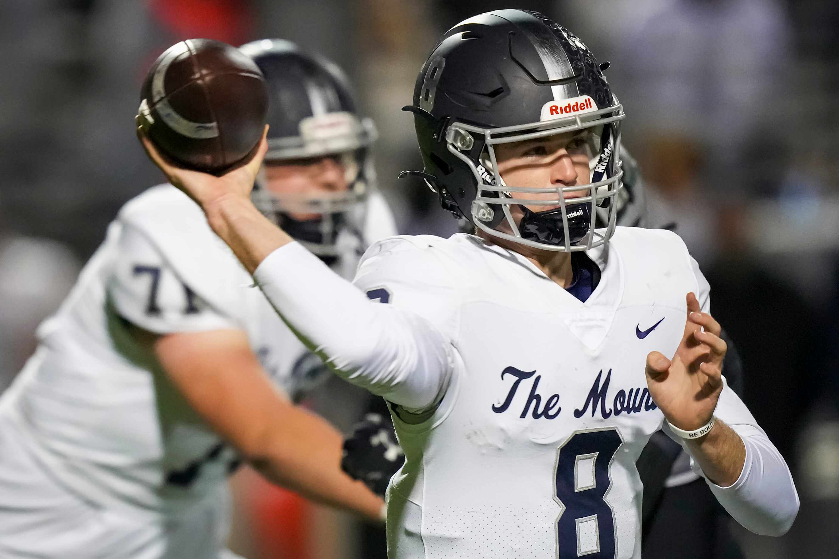 Flower Mound quarterback Yale Erdman (8) throws a pass during the second half of a Class 6A...