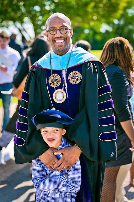 Paul Quinn College president Michael Sorrell, with his son Michael Augustus Sorrell, calls...