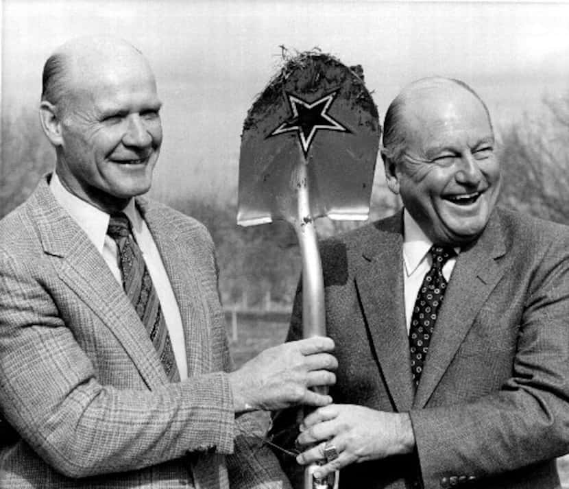 Former Dallas coach Tom Landry (left) with former Cowboy general manager Tex Schramm during...