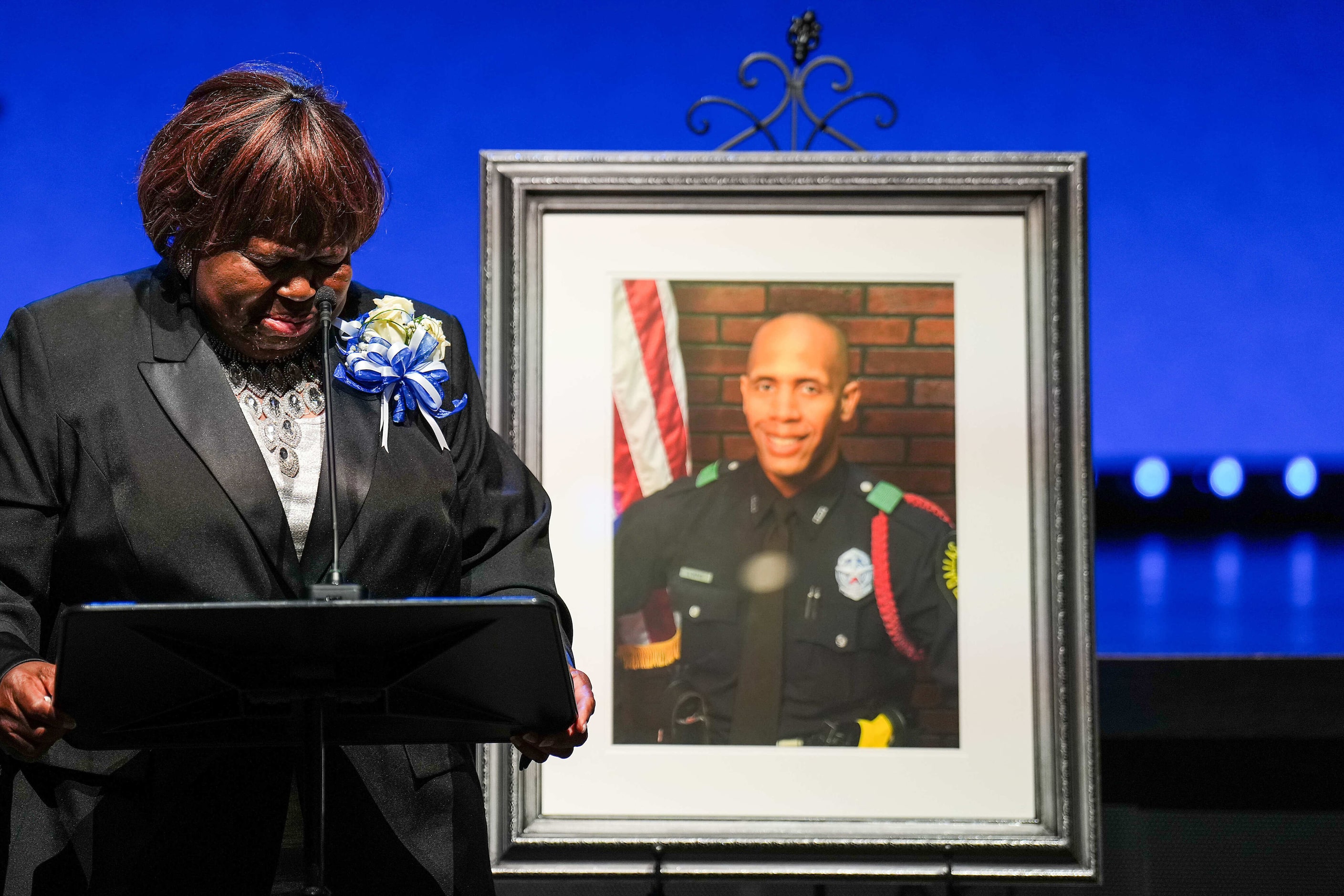 Cherie Jeffery speaks during funeral services for her son, Dallas police officer Darron...