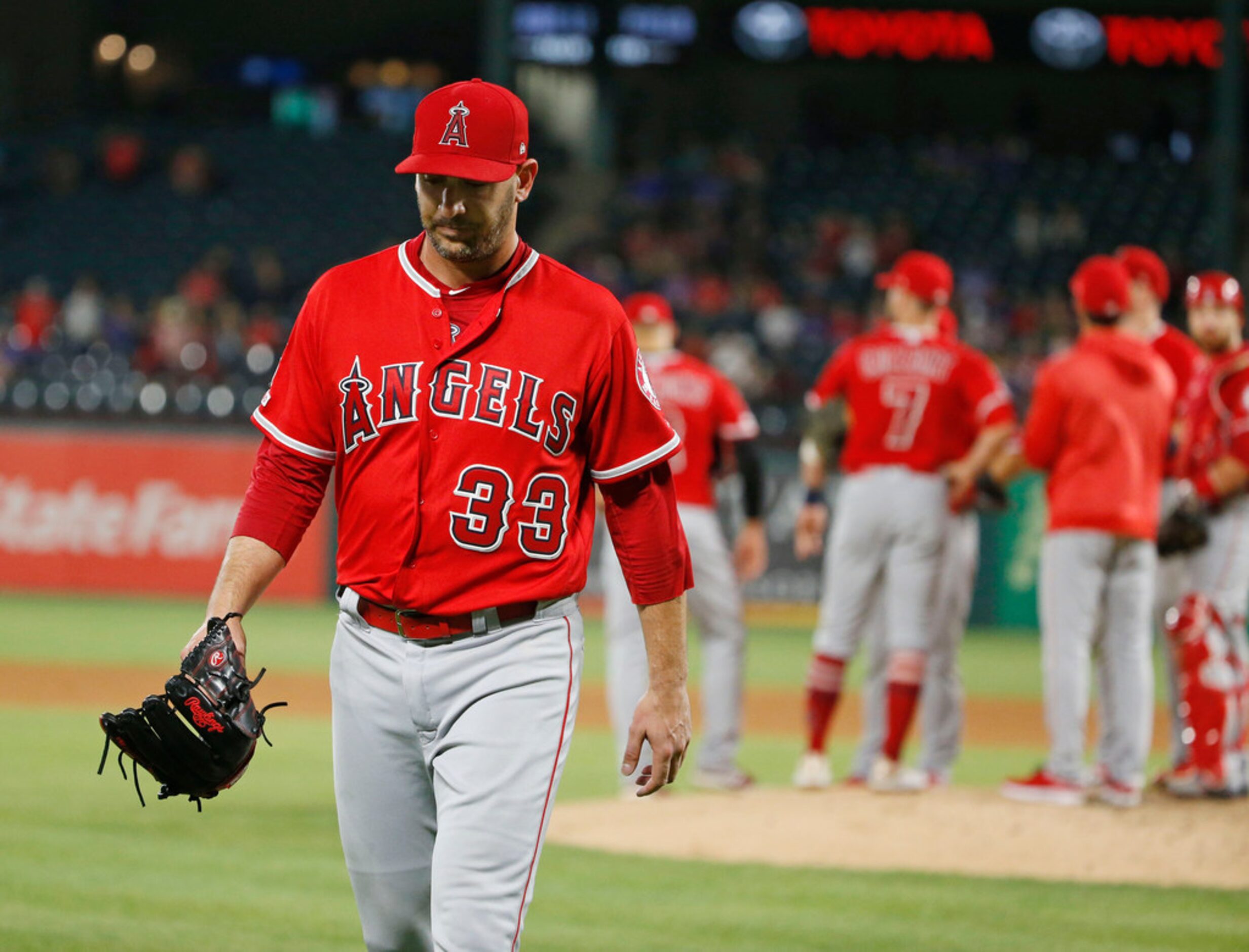 Los Angeles Angels starting pitcher Matt Harvey (33) is pulled from the game against the...