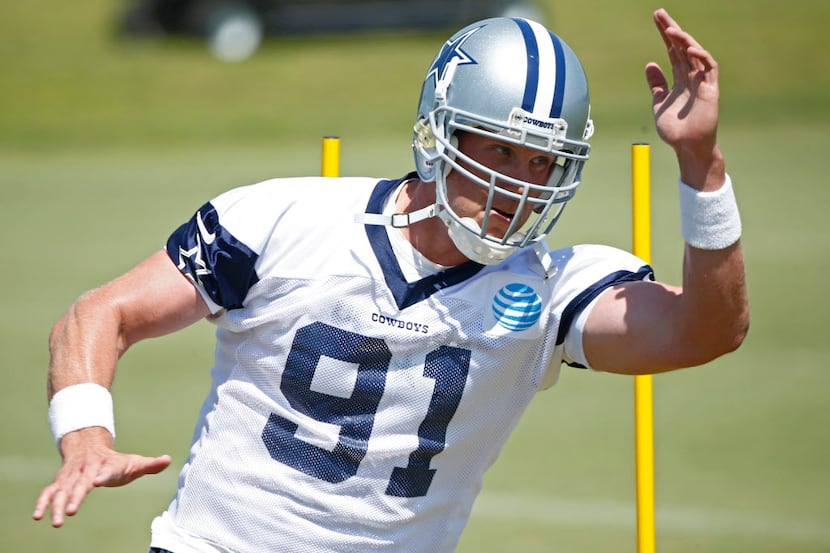Dallas Cowboys Louis-Philippe Ladouceur runs drills during OTA practice at Valley Ranch in...