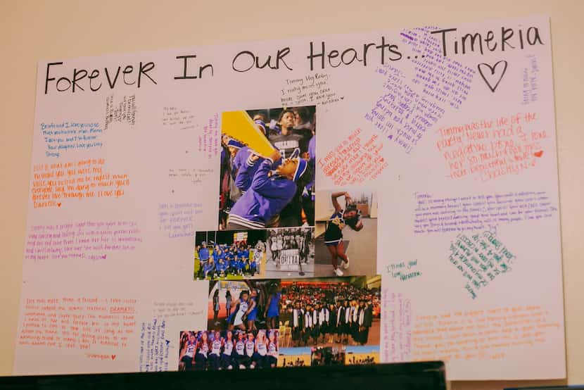 A poster of remembrances from friends and loved ones of Timeria Jones is on the wall of her...