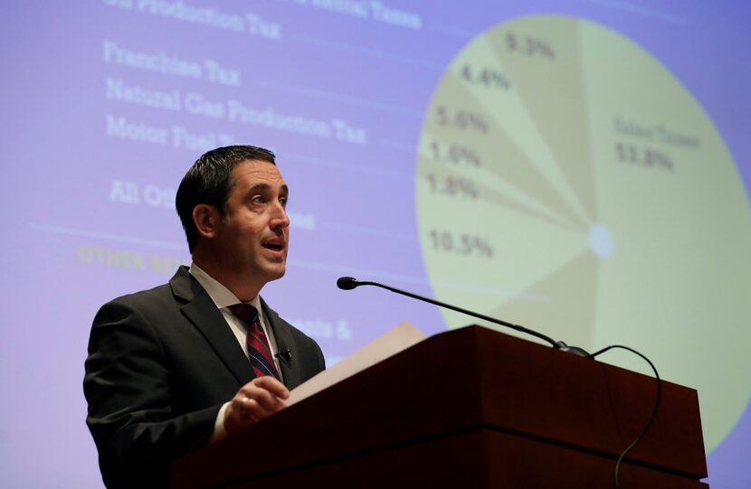 Comptroller Glenn Hegar, shown explaining his two-year revenue estimate, says Texas'...