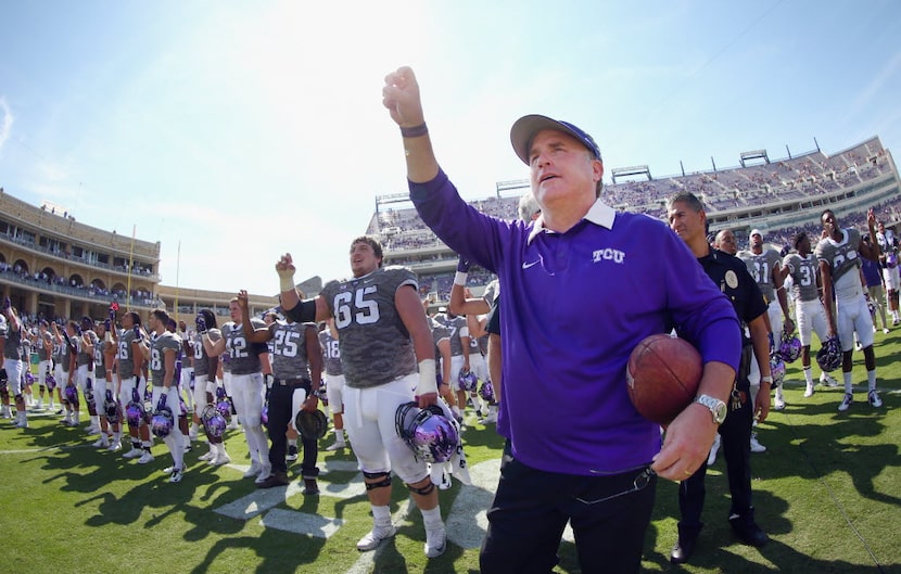 FORT WORTH, TX - OCTOBER 03:  Head coach Gary Patterson of the TCU Horned Frogs celebrates...