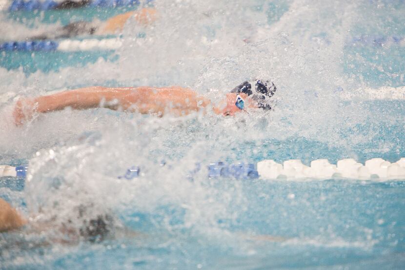 Frisco's Jack Jannasch competes in the Boys 50-Yard Freestyle during the UIL 5A Prelims at...