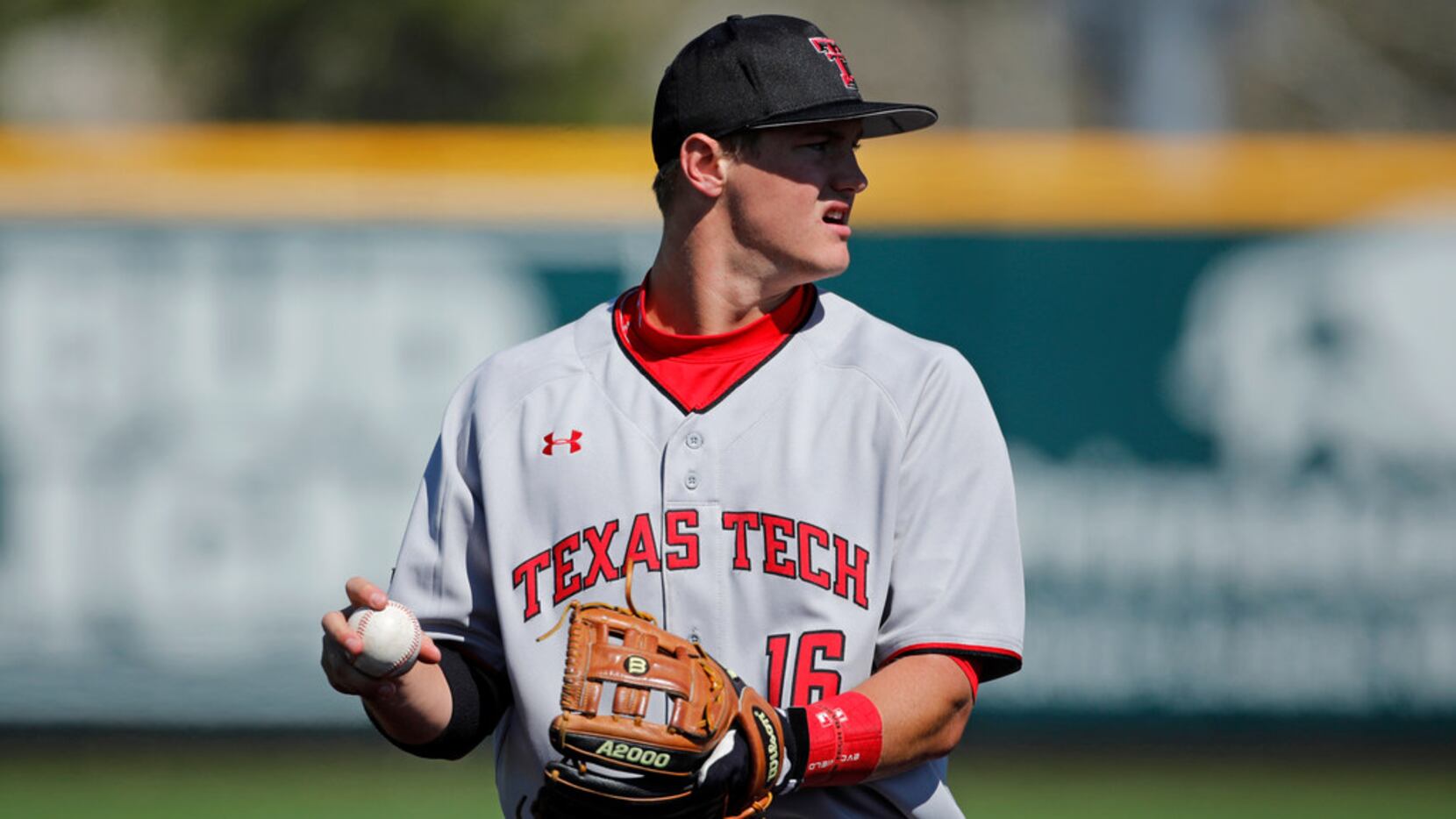 Texas Tech third baseman Josh Jung during an NCAA college baseball game against Kansas...