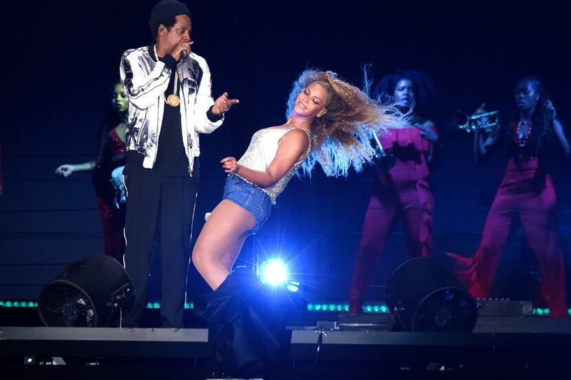 Beyonce and Jay-Z perform during their On the Run II tour at MetLife Stadium in East...